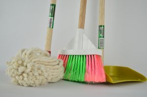 broom, mop, and dustpan