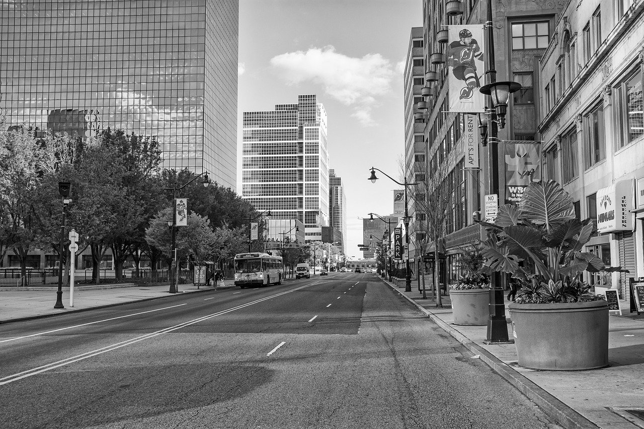 black and white photo of a street in newark, NJ