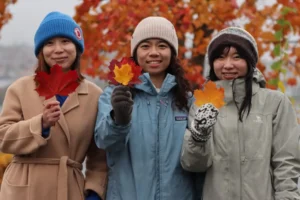 woman holding leaves in fall outside