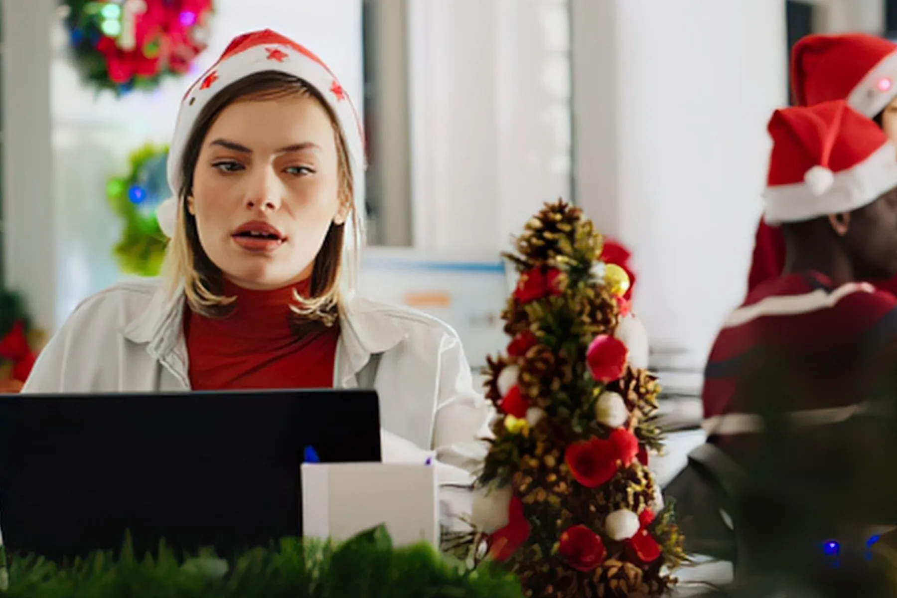 woman in santa hat looking surprised with christmas theme